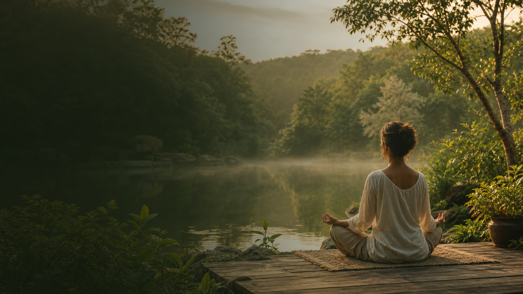 Serene woman meditating peacefully in nature at soft morning light